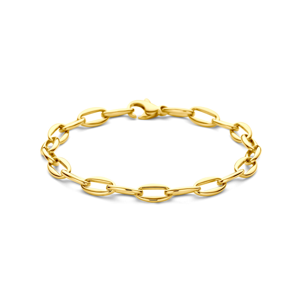 Vooraanzicht van de gouden ankerarmband van 14 karaat.