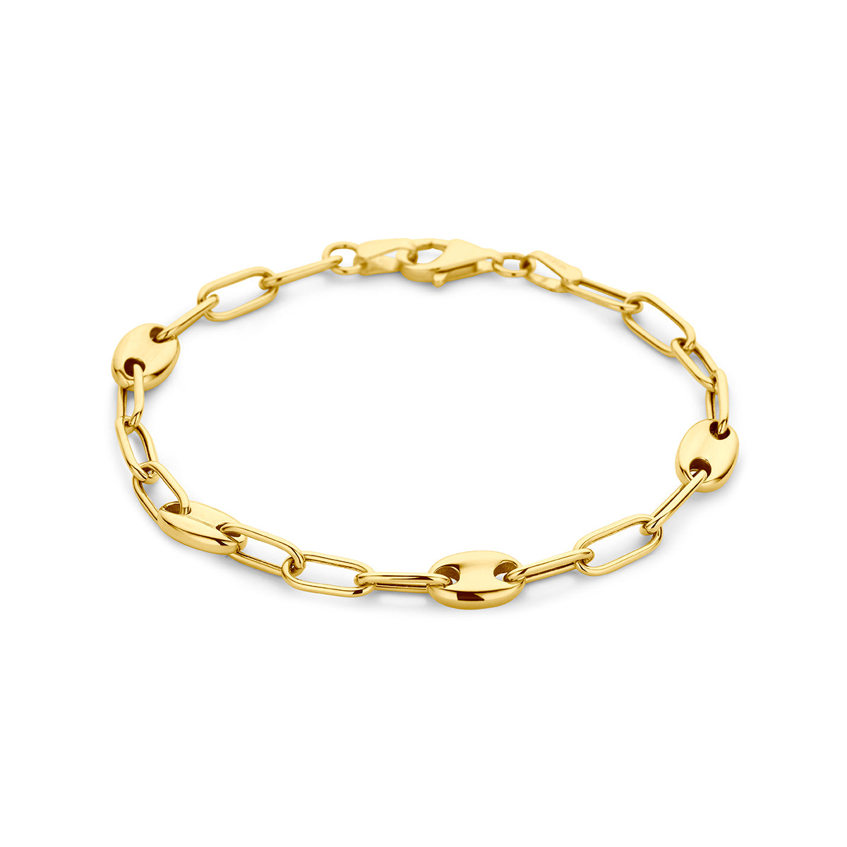 Vooraanzicht van de gouden ankerarmband van 14 karaat.