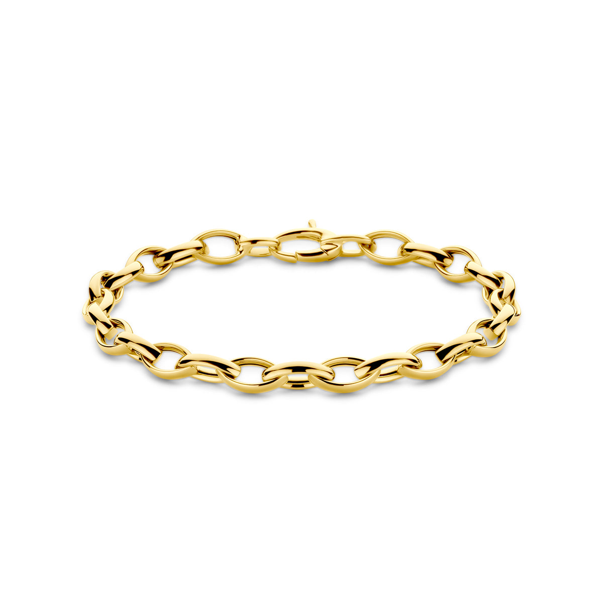 Vooraanzicht van de gouden ankerarmband van 14 karaat.
