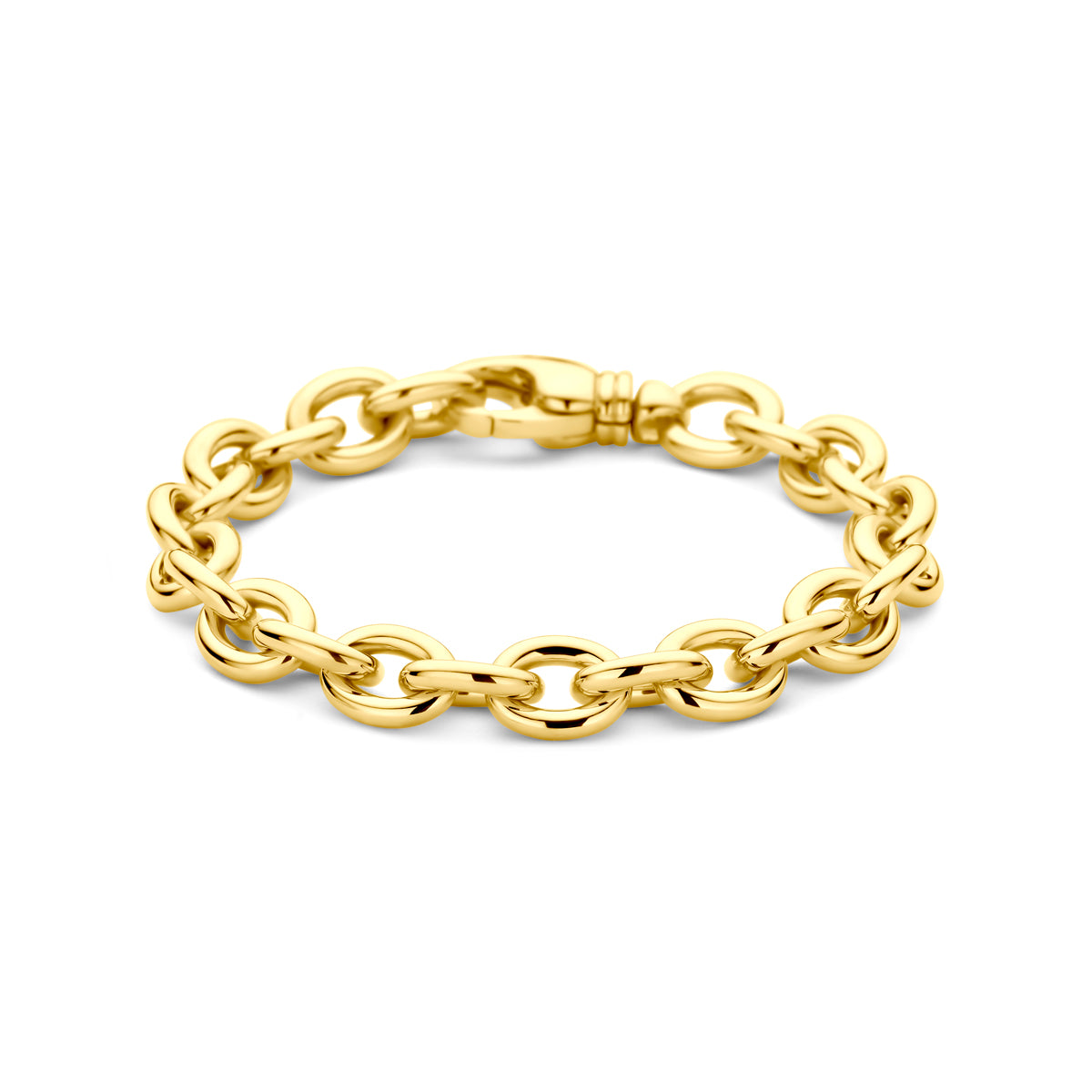 Vooraanzicht van de gouden schakelarmband van 14 karaat met ankerschakel.