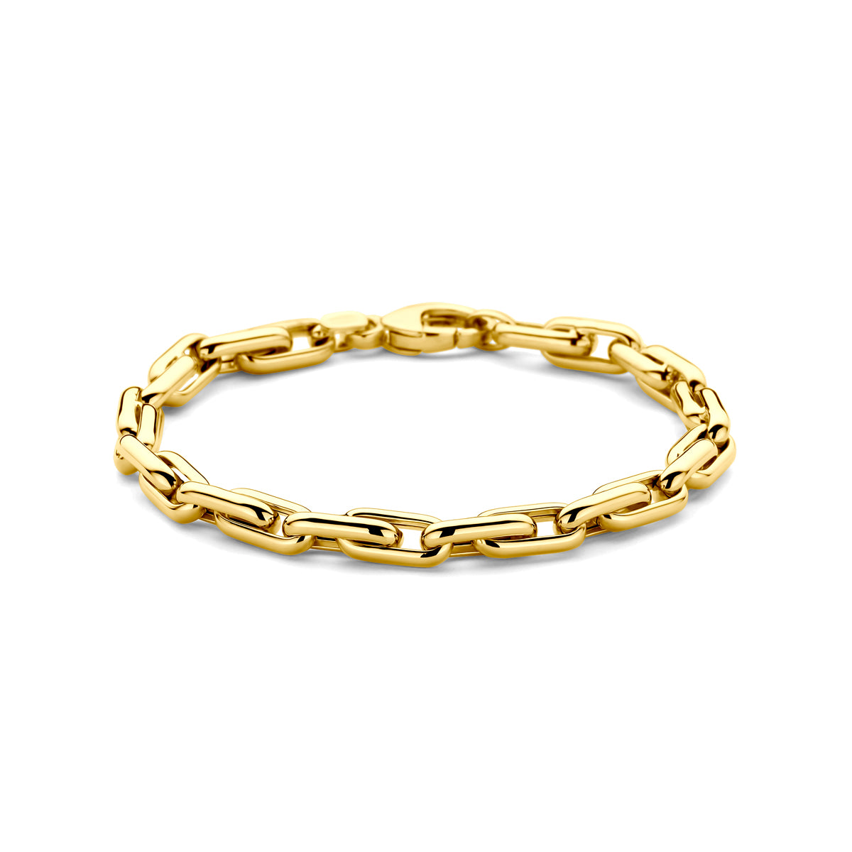 Vooraanzicht van de gouden ankerarmband van 14 karaat.