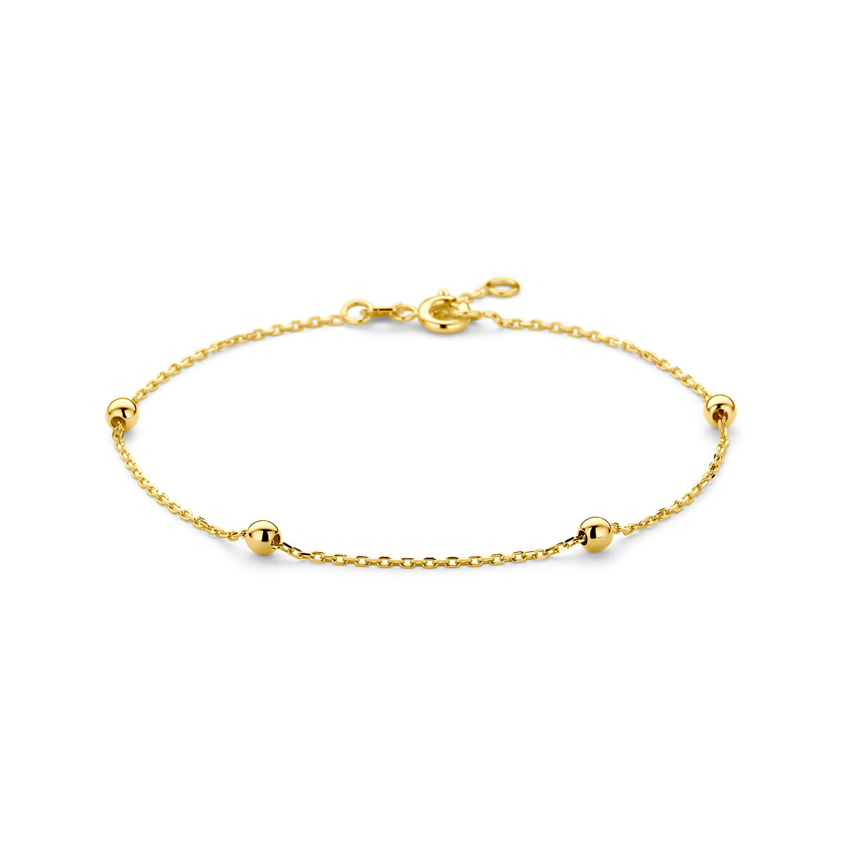 Vooraanzicht van de gouden ankerarmband met bolletjes van 14 karaat.