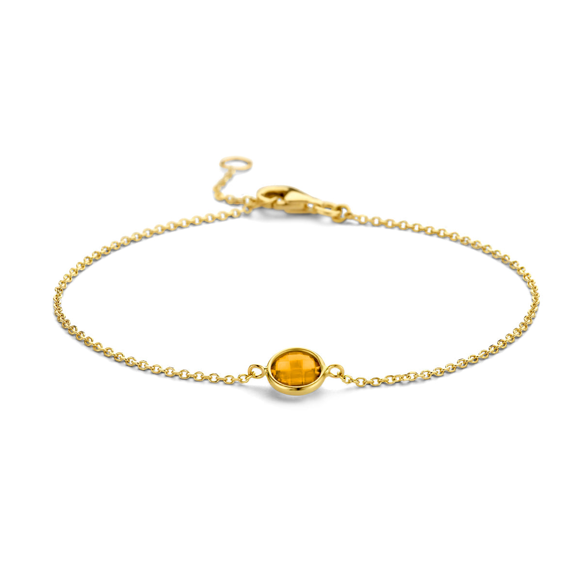 Vooraanzicht van de gouden ankerarmband met citrien van 14 karaat.