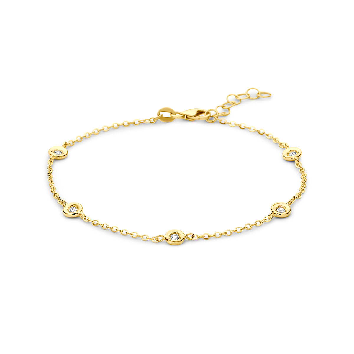 Vooraanzicht van de gouden ankerarmband met diamant van 14 karaat.