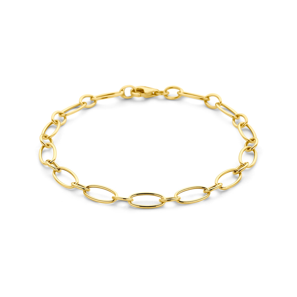 Vooraanzicht van de gouden ankerarmband met open schakels van 14 karaat.