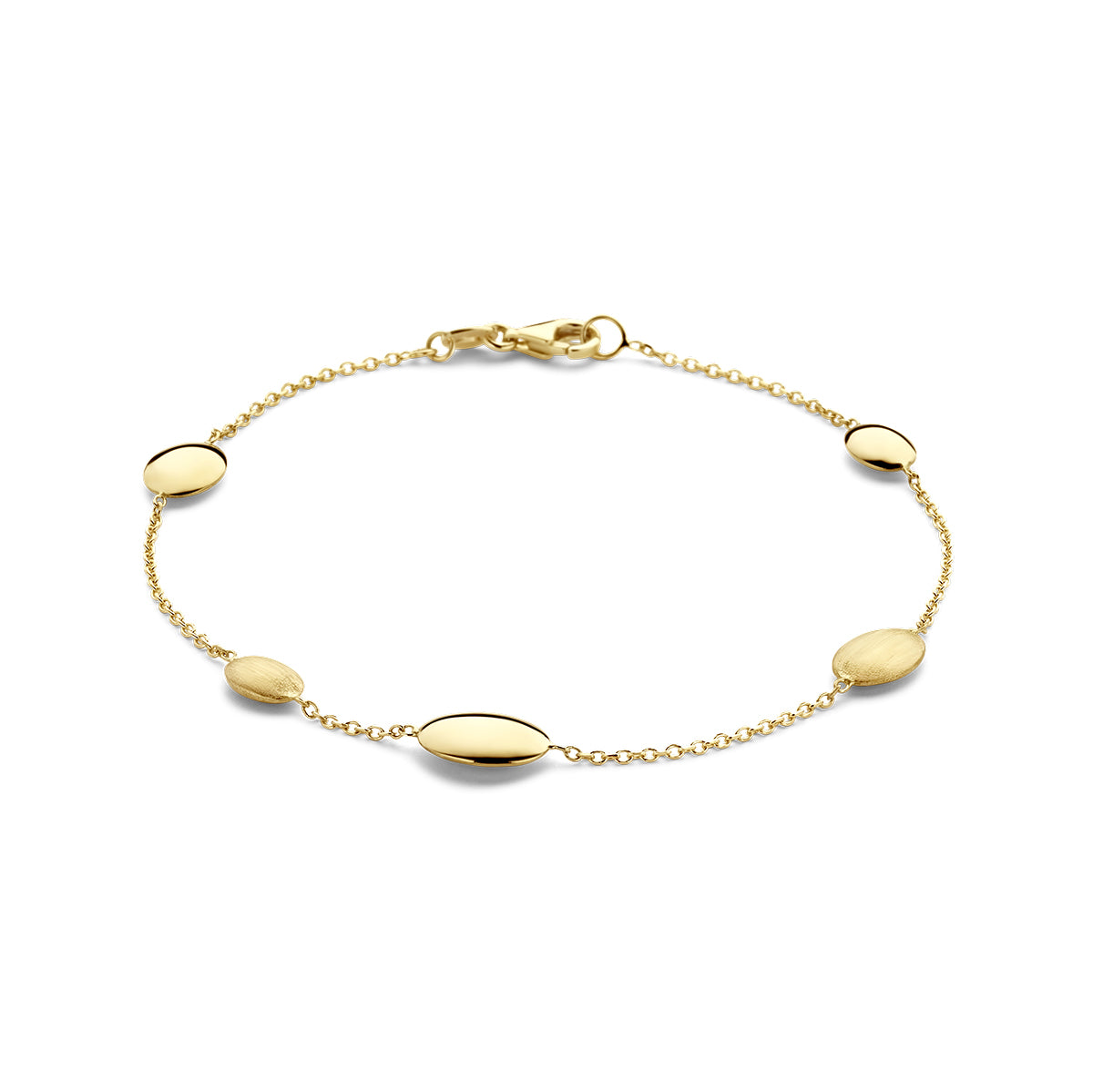 Vooraanzicht van de gouden ankerarmband met ovaaltjes van 14 karaat.