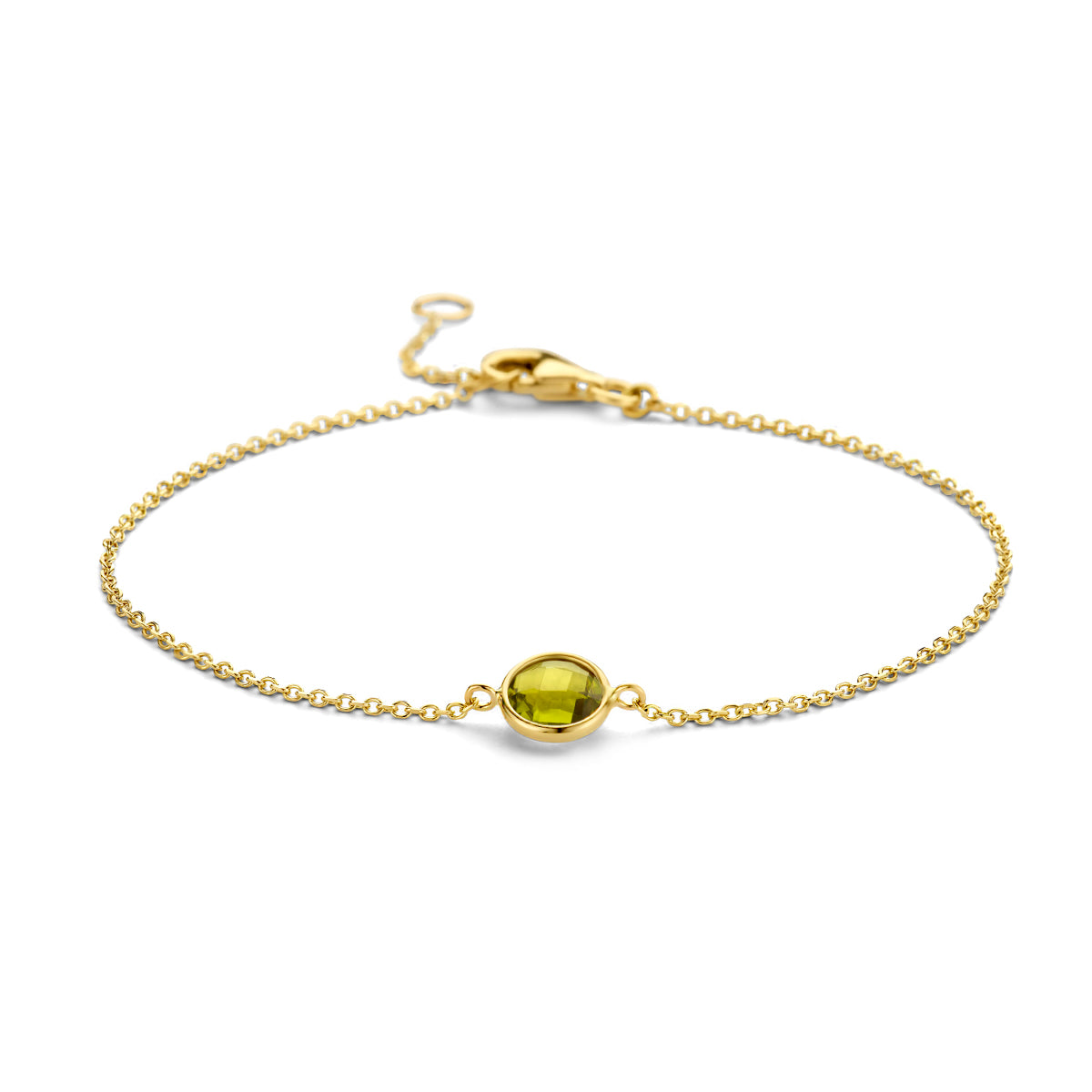 Vooraanzicht van de gouden ankerarmband met peridoot van 14 karaat.