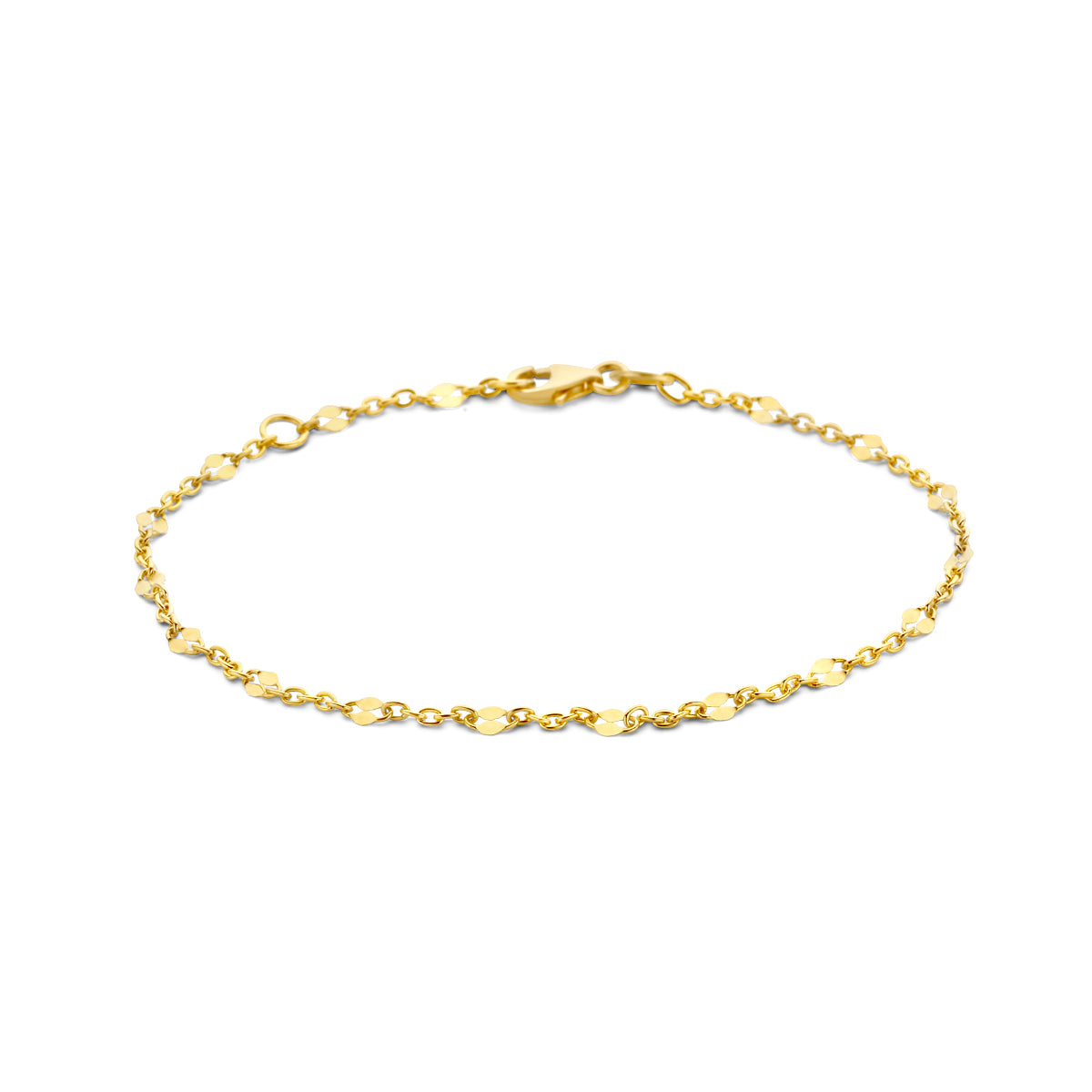 Vooraanzicht van de gouden ankerarmband met tussenstuk van 14 karaat.