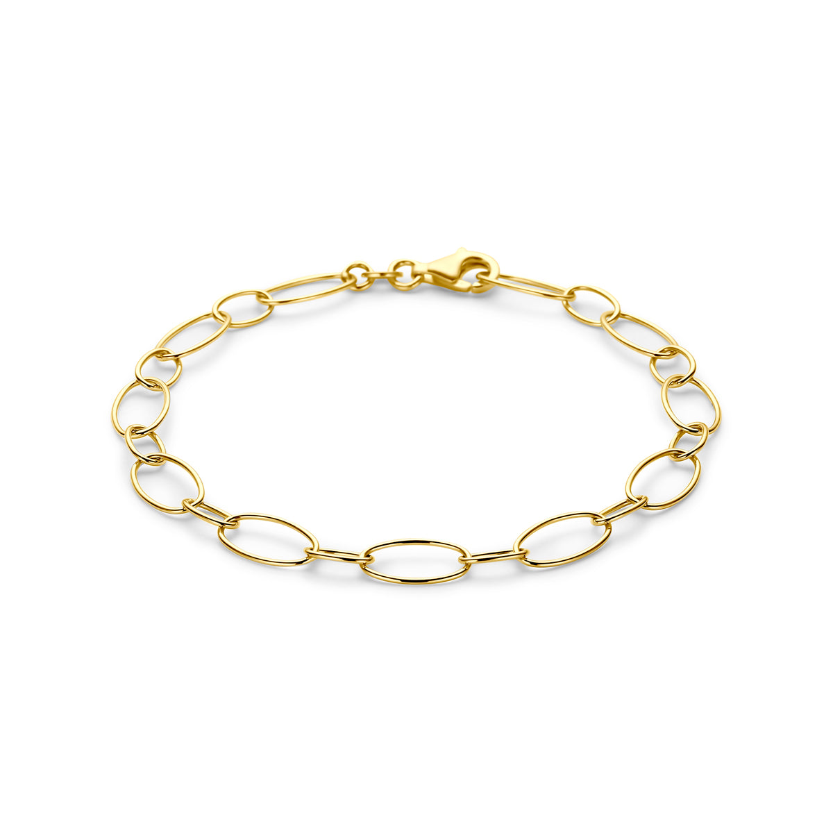 Vooraanzicht van de gouden ankerarmband van 14 karaat.