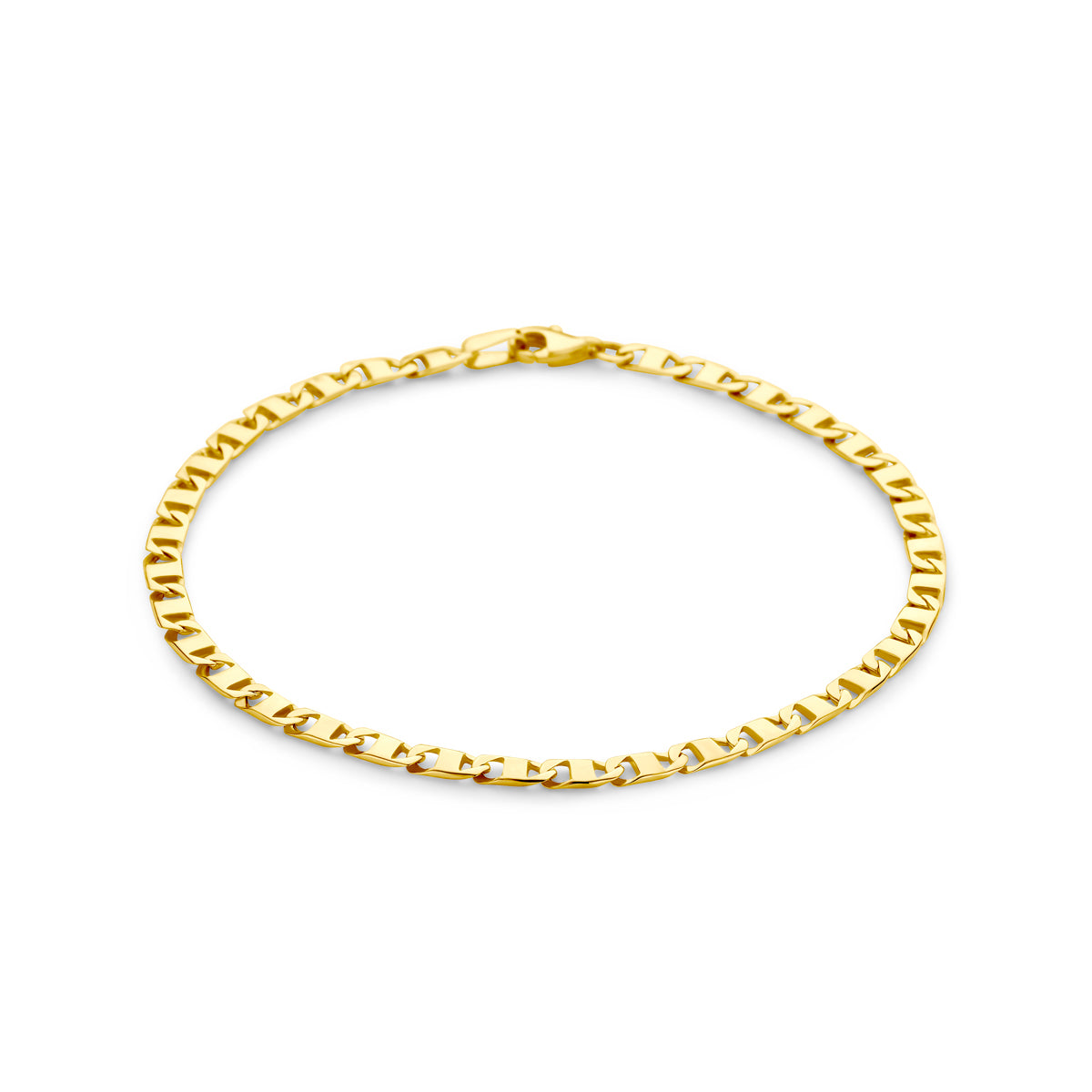 Vooraanzicht van de 14 karaat gouden ankerarmband voor heren, 3,5 mm breed en verkrijgbaar in 20 en 21 cm.