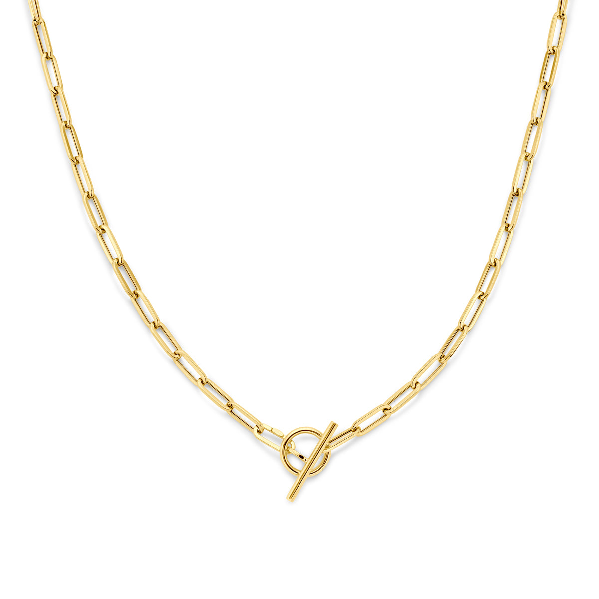 Vooraanzicht van de gouden ankerketting van 14 karaat.