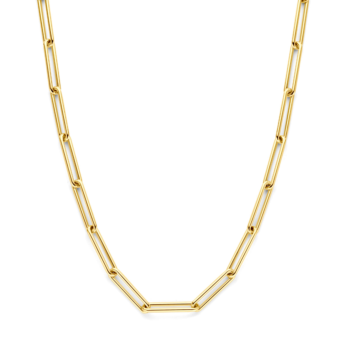 Vooraanzicht van de gouden ankerketting van 14 karaat.