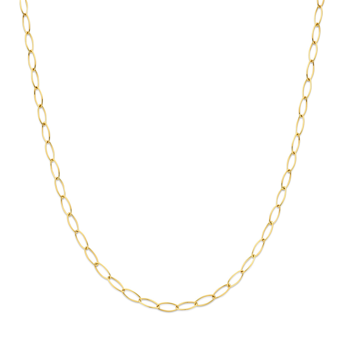 Vooraanzicht van de gouden ankerketting van 14 karaat.