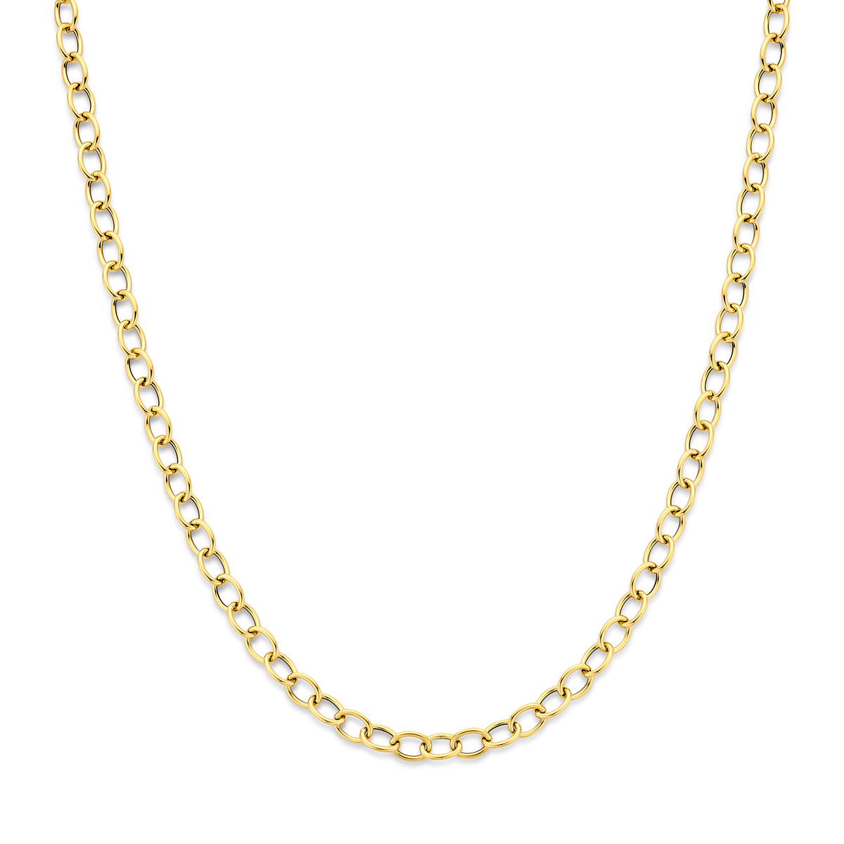 Vooraanzicht van de gouden ankerketting van 14 karaat.