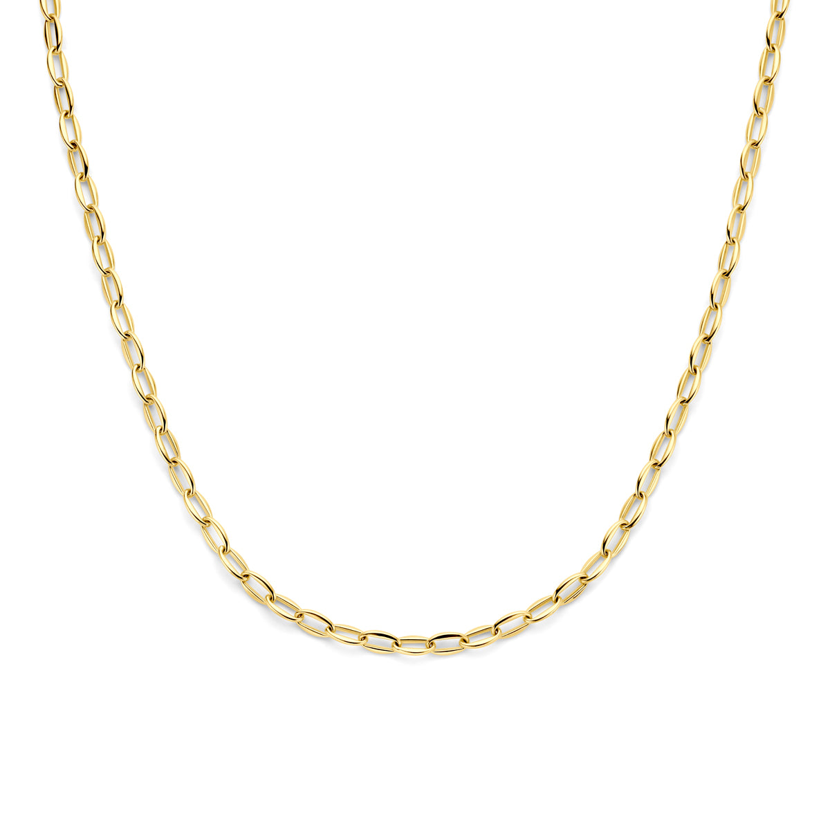 Vooraanzicht van de gouden ankerketting van 14 karaat.