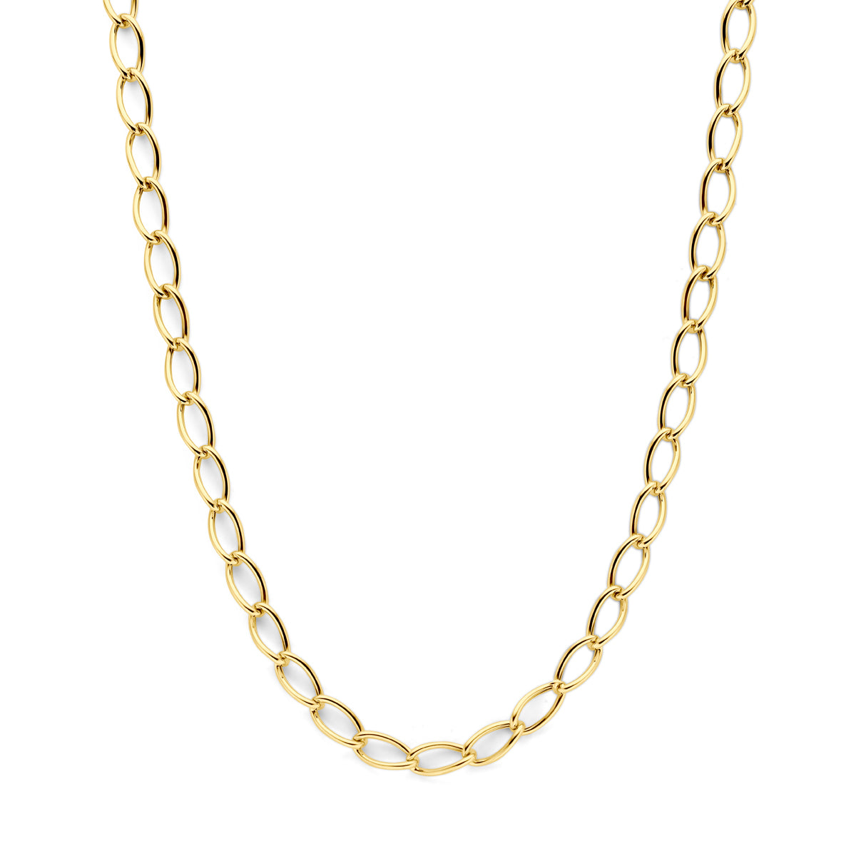 Vooraanzicht van de gouden ankerketting van 14 karaat.