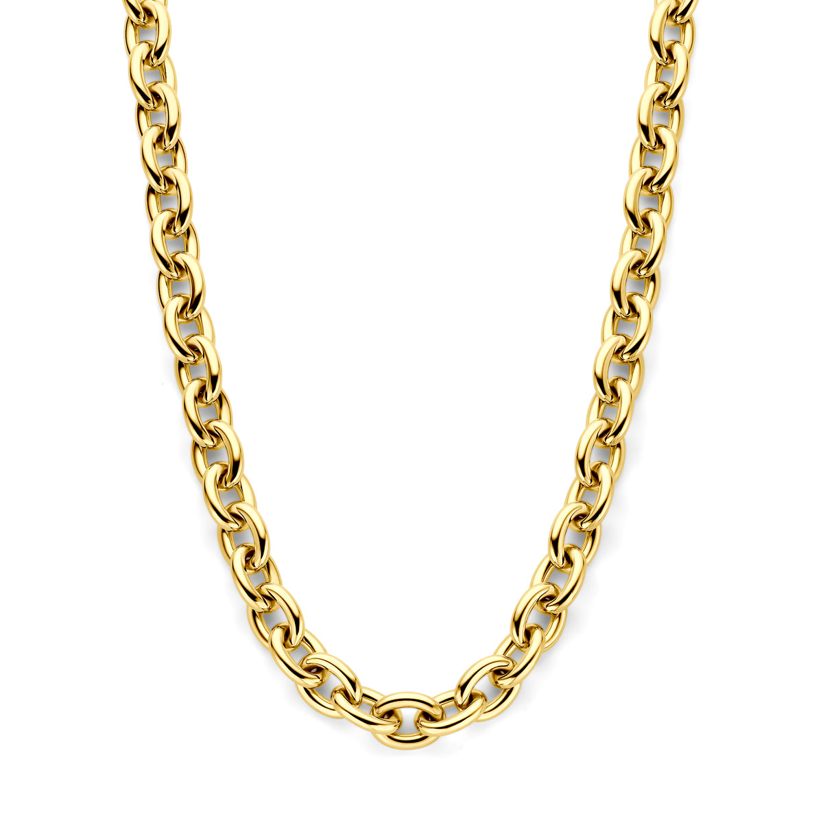 Vooraanzicht van de gouden ankerketting van 14 karaat.