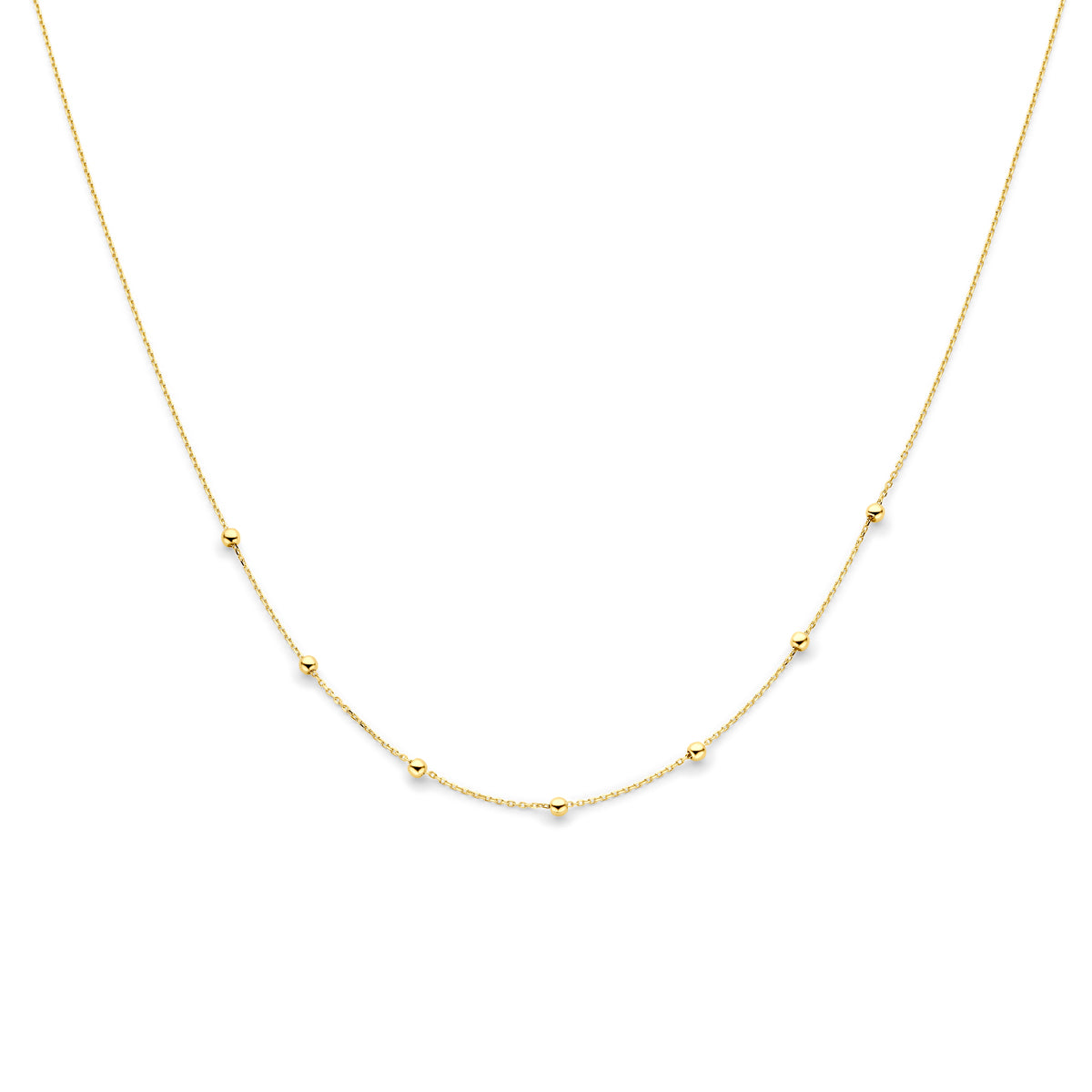 Vooraanzicht van de gouden ankerketting met bolletjes van 14 karaat.