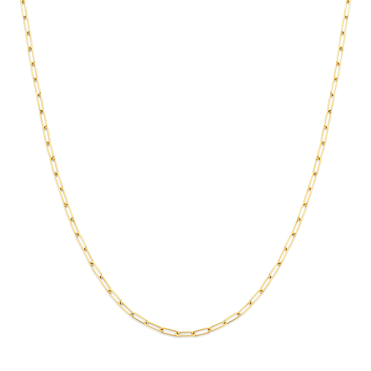 Vooraanzicht van de 14 karaat gouden ankerschakelketting, 45 cm lang.