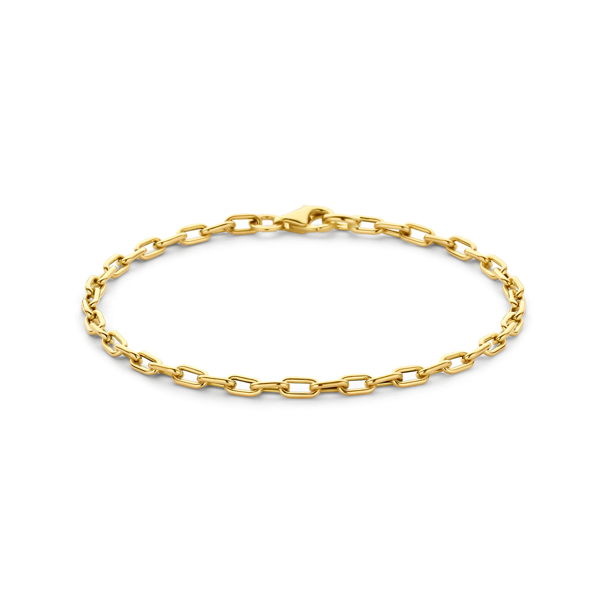 Vooraanzicht van de 14 karaat gouden armband met ankerschakel, 18 cm lang.