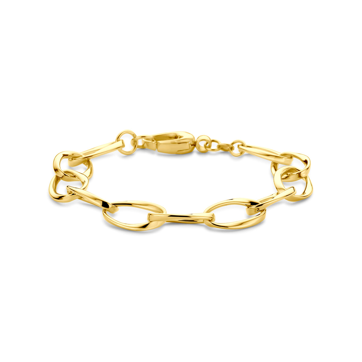 Vooraanzicht van de 14 karaat gouden armband fantasieschakel, 19 cm lang en 10,5 mm breed.