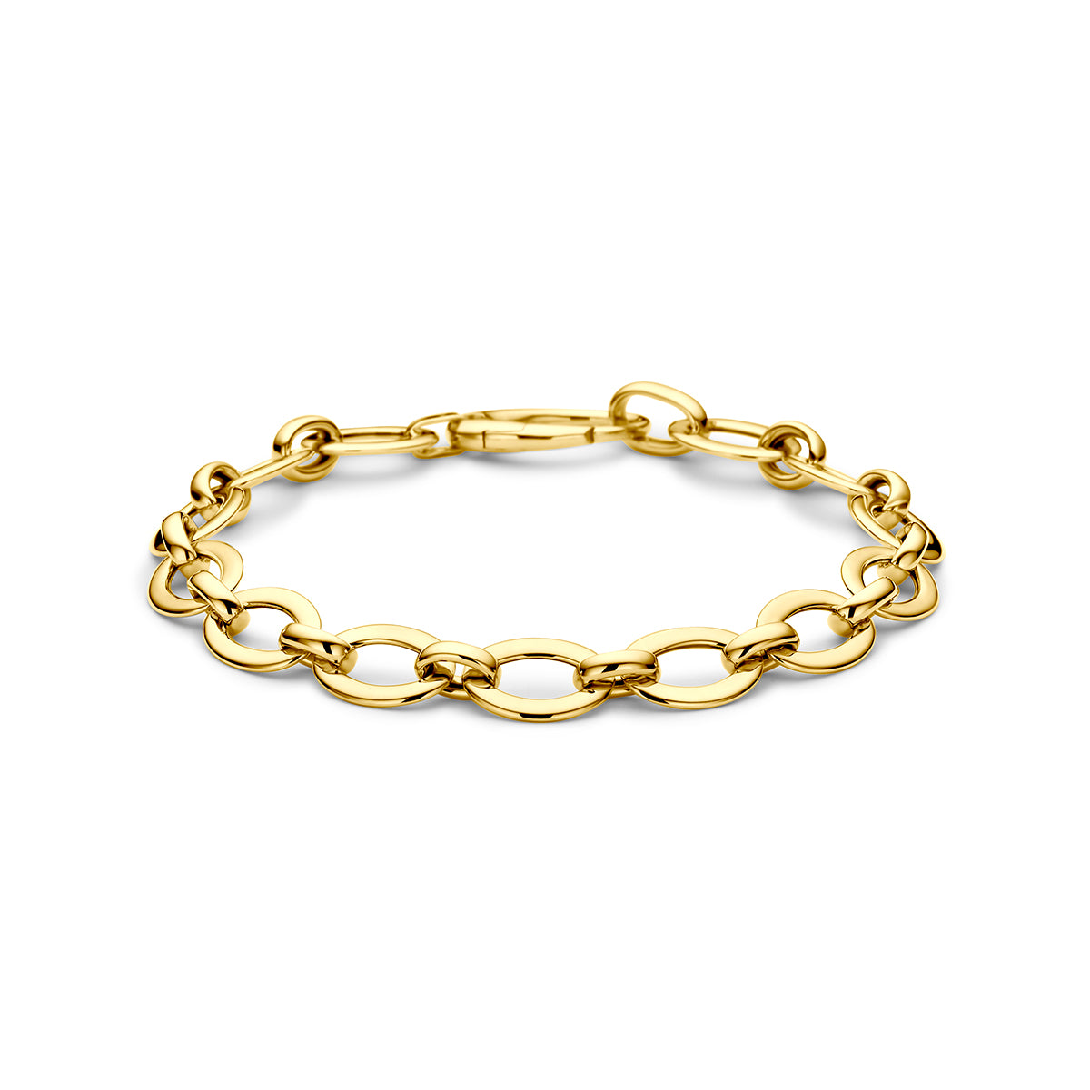 Vooraanzicht van de 14 karaat gouden armband met grote ovale schakels, 19 cm lang.