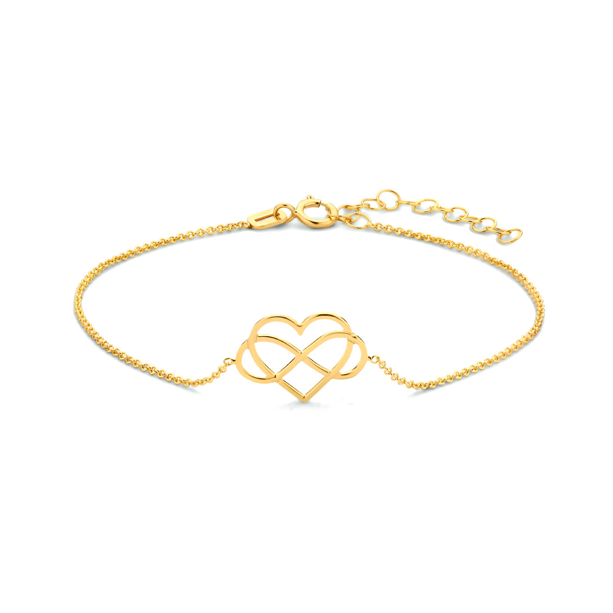 Vooraanzicht van de gouden armband met hartje en infinity van 14 karaat.