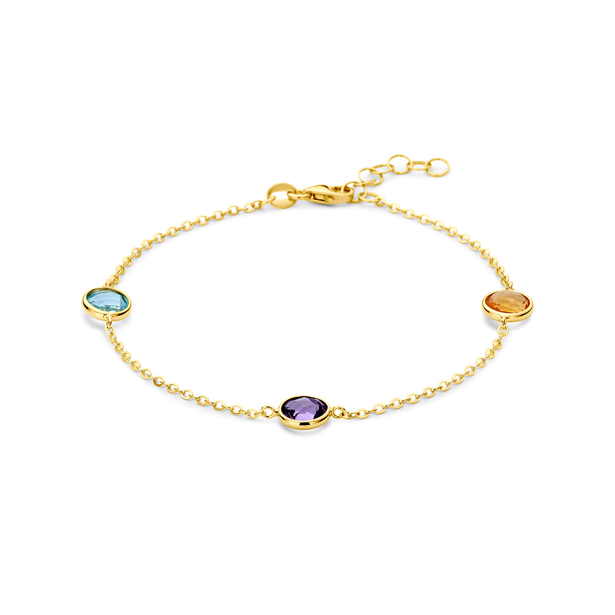 Vooraanzicht van de 14 karaat gouden armband met kleurrijke edelstenen, 17 cm lang met verlengstuk tot 19 cm.
