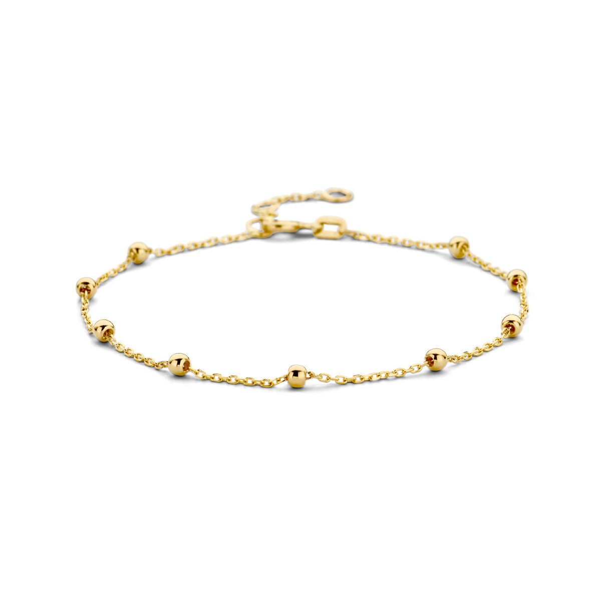 Vooraanzicht van de gouden armband met bolletjes van 14 karaat.