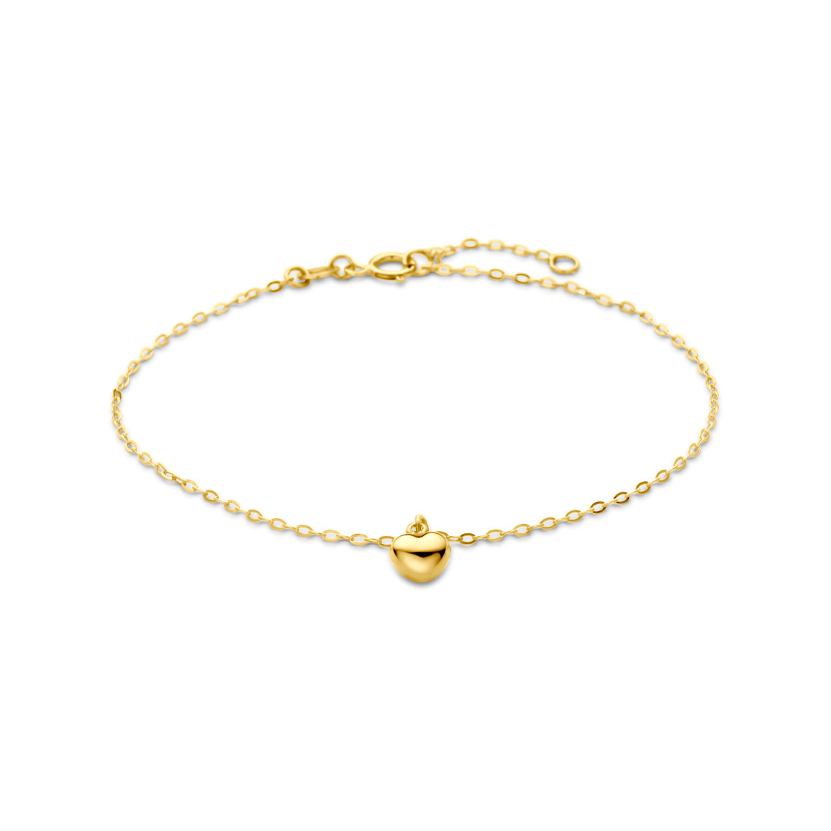 Vooraanzicht van de gouden armband met hartje van 14 karaat.