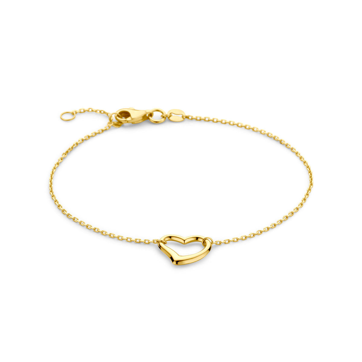 Vooraanzicht van de gouden armband met hartje van 14 karaat.