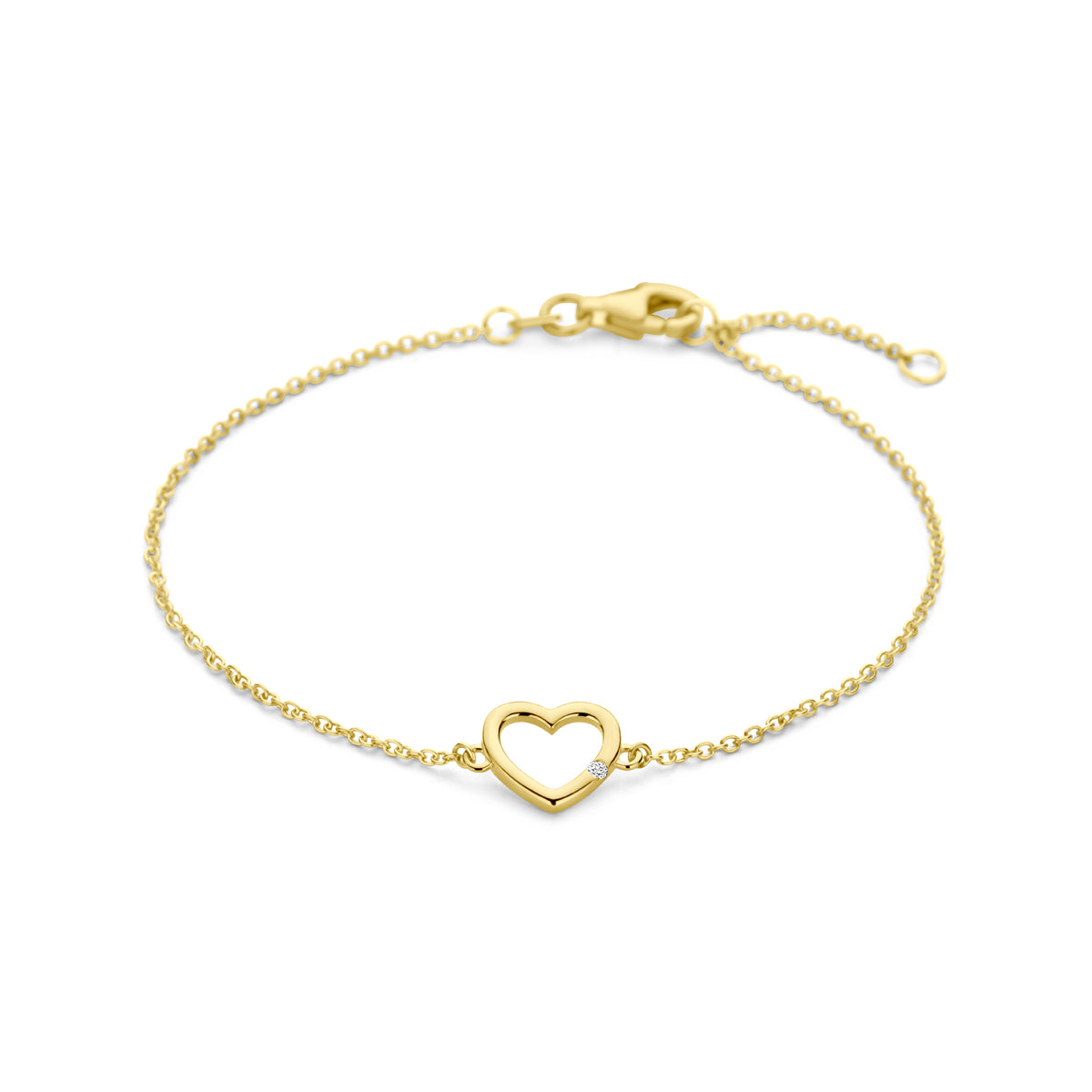 Vooraanzicht van de gouden armband met hartje en diamant van 14 karaat.