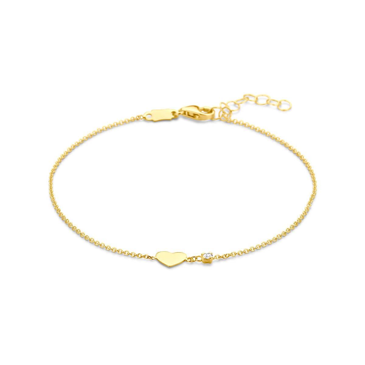 Vooraanzicht van het gouden armbandje met hartje en diamant van 14 karaat.