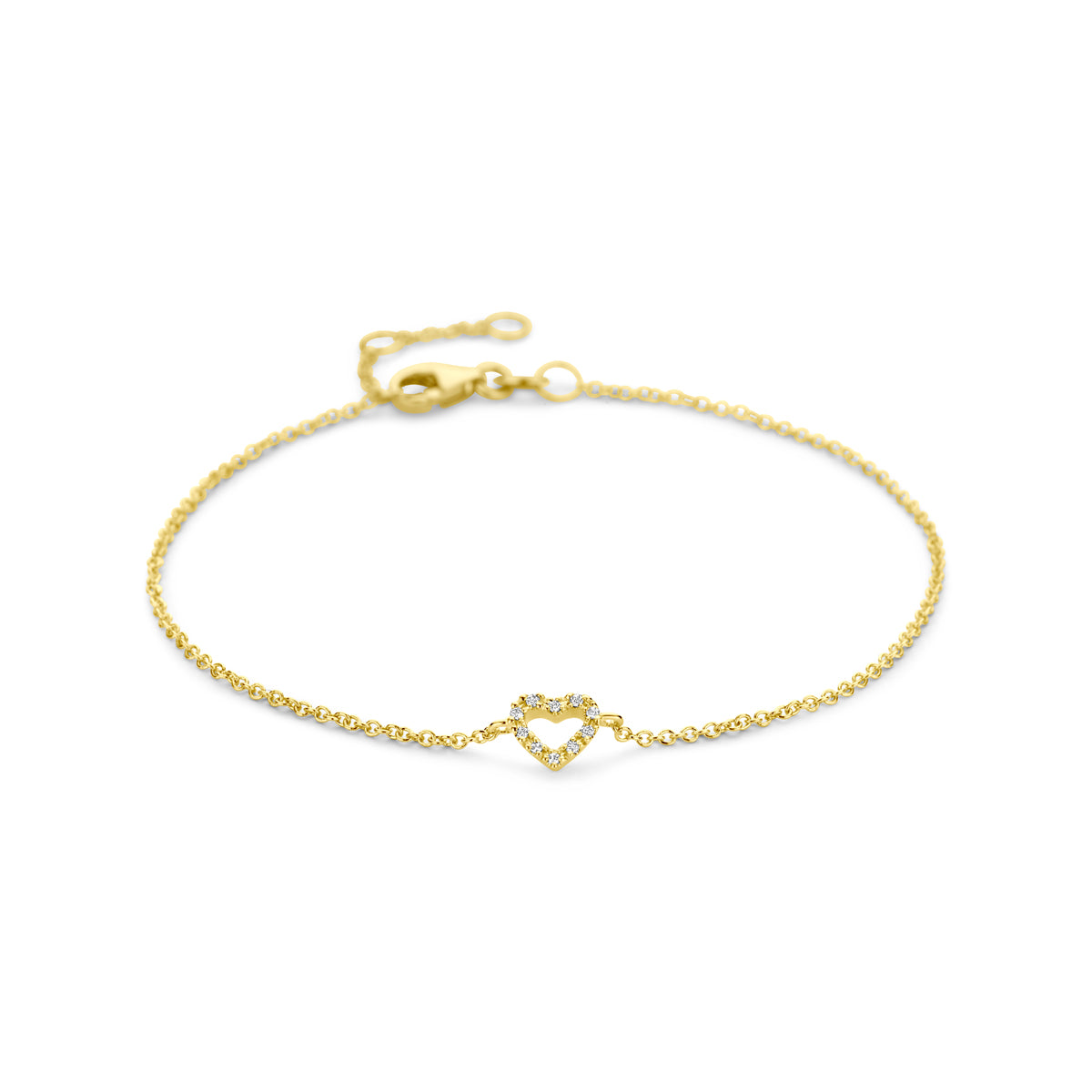 Vooraanzicht van de gouden armband met hartje en diamant van 14 karaat.