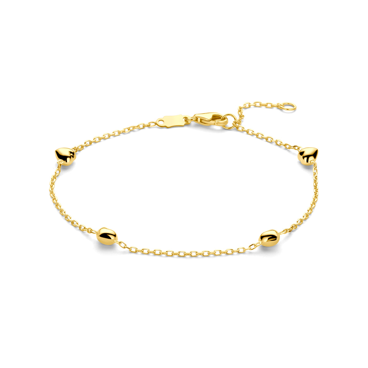 Vooraanzicht van de gouden armband met hartjes van 14 karaat.