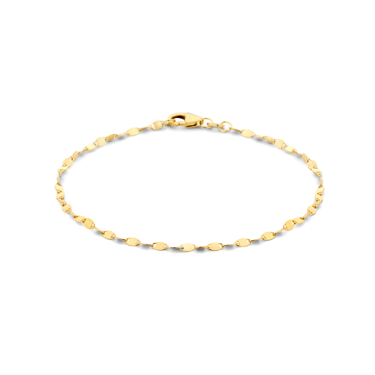 Vooraanzicht van de fijne gouden armband van 14 karaat met plaatjes.