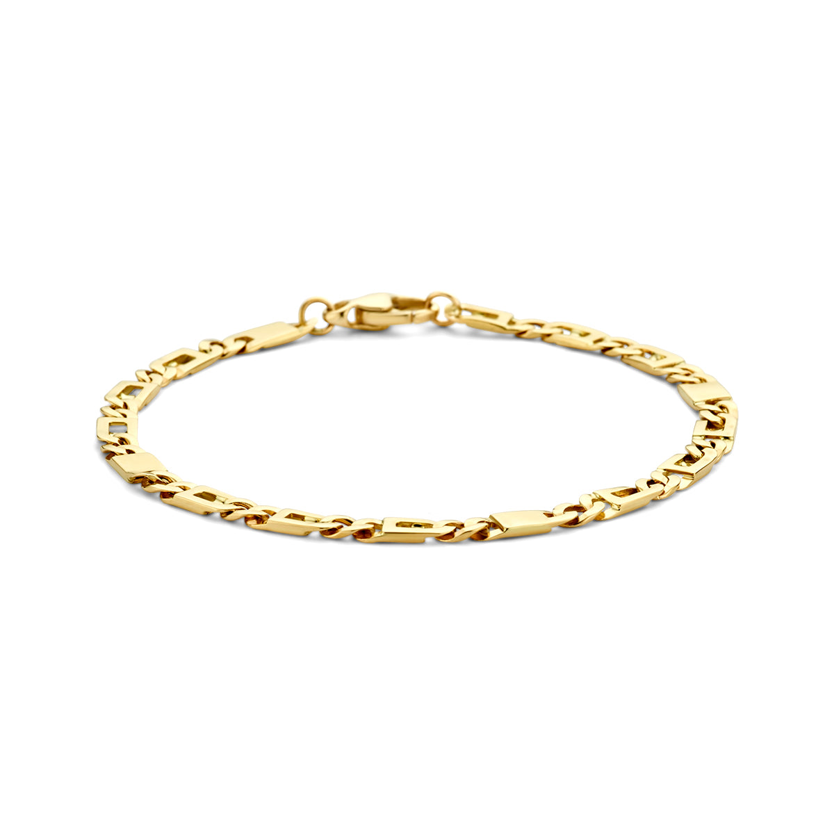 Vooraanzicht van de 14 karaat gouden armband met valkenoog voor heren, 21 cm lang.