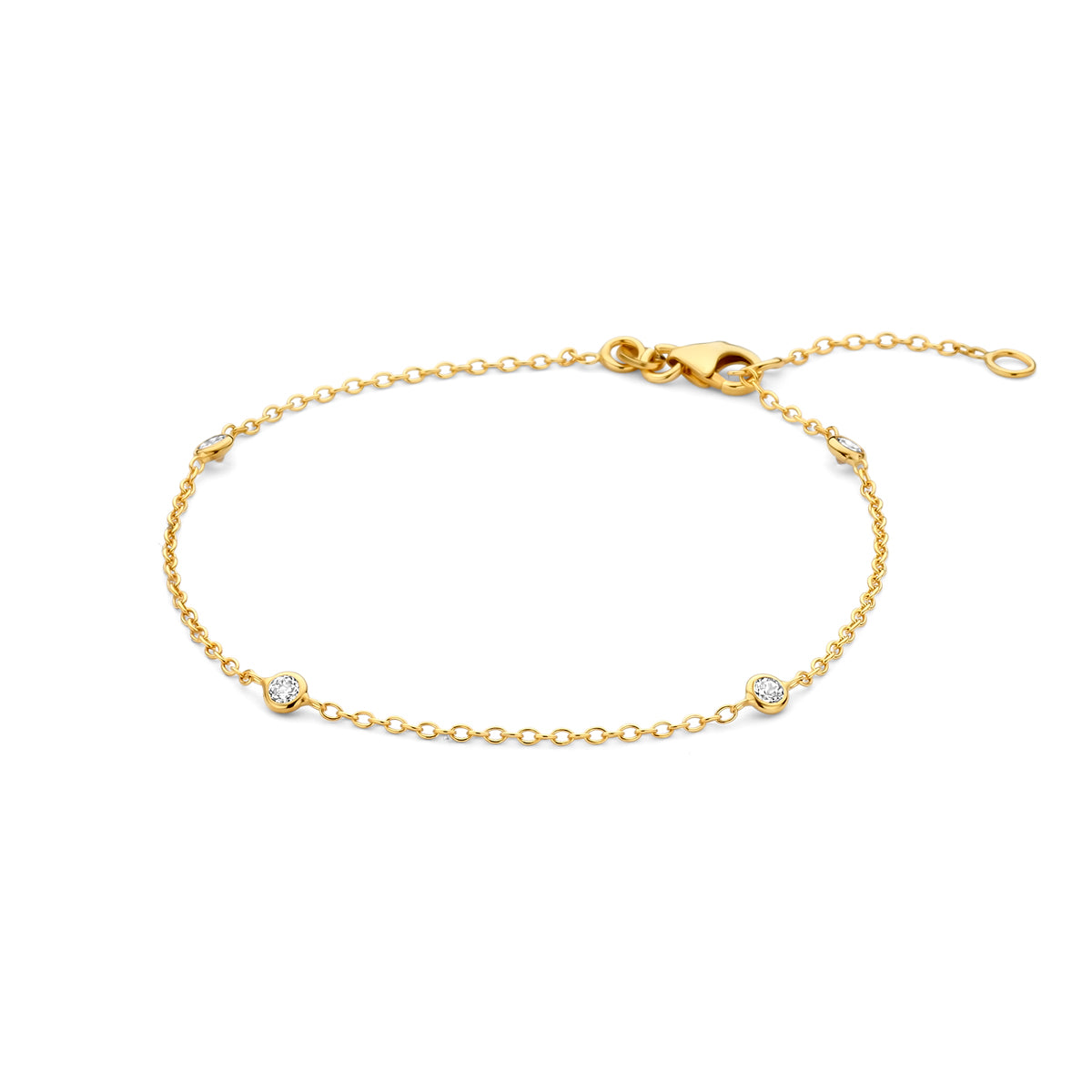 Vooraanzicht van de gouden armband met zirkonia van 14 karaat.
