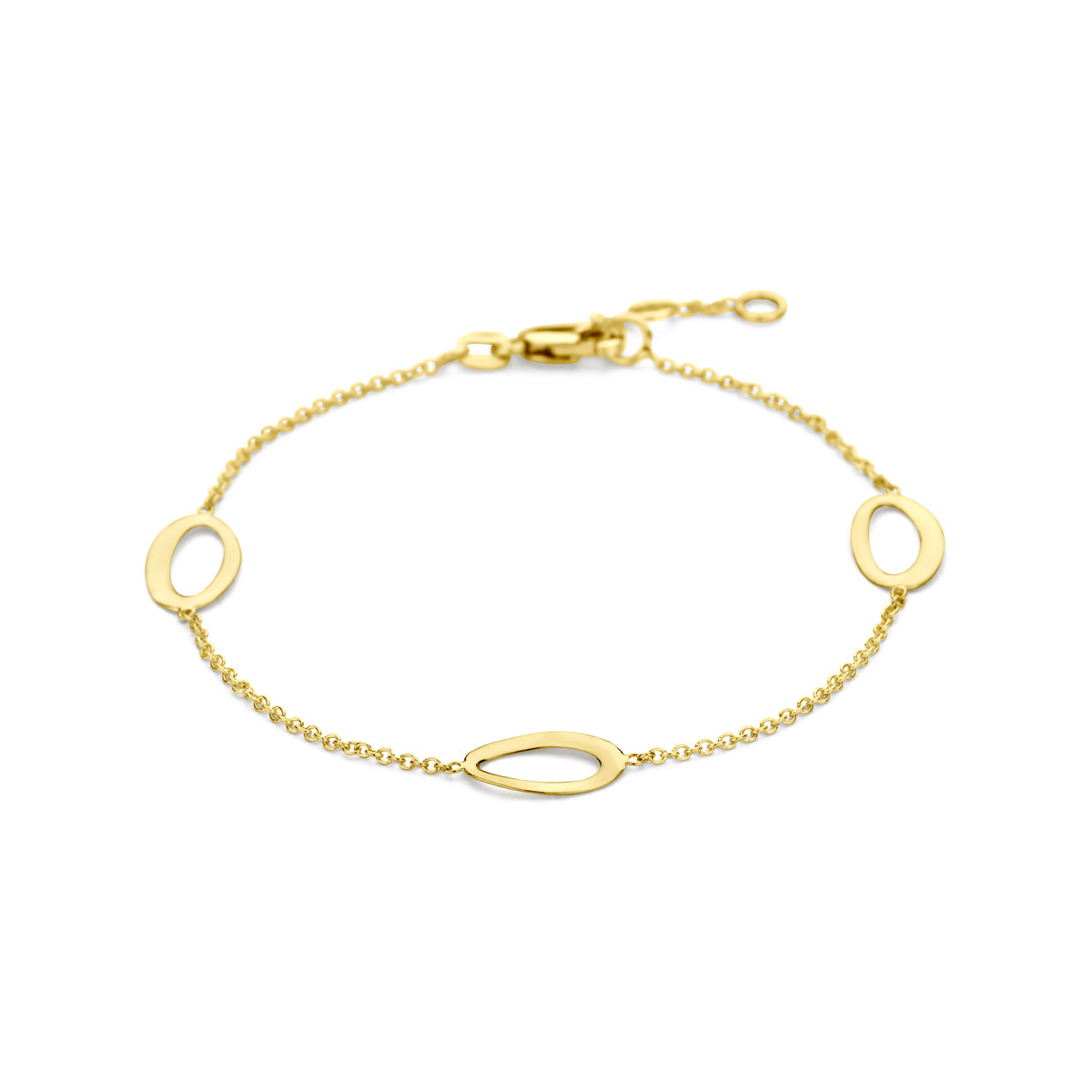 Vooraanzicht van de 14 karaat gouden armband met open ovalen schakel, 16,5 cm lang met verlengstuk tot 18,5 cm.