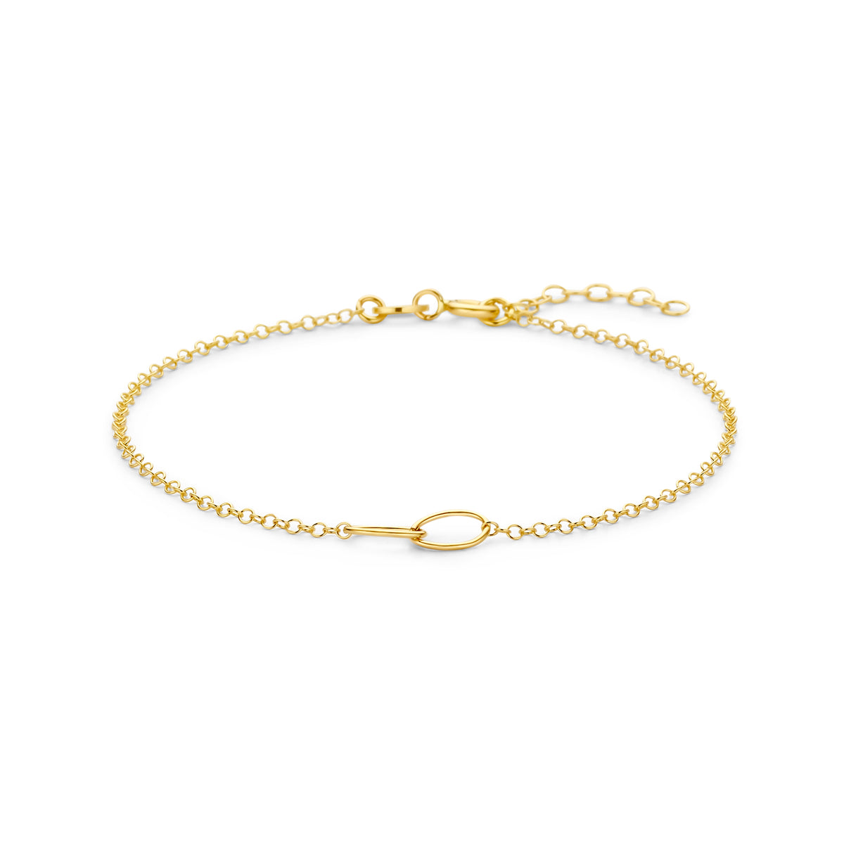 Vooraanzicht van de 14 karaat gouden armband met ovale schakel, 17 cm lang met verlengstuk tot 19 cm.
