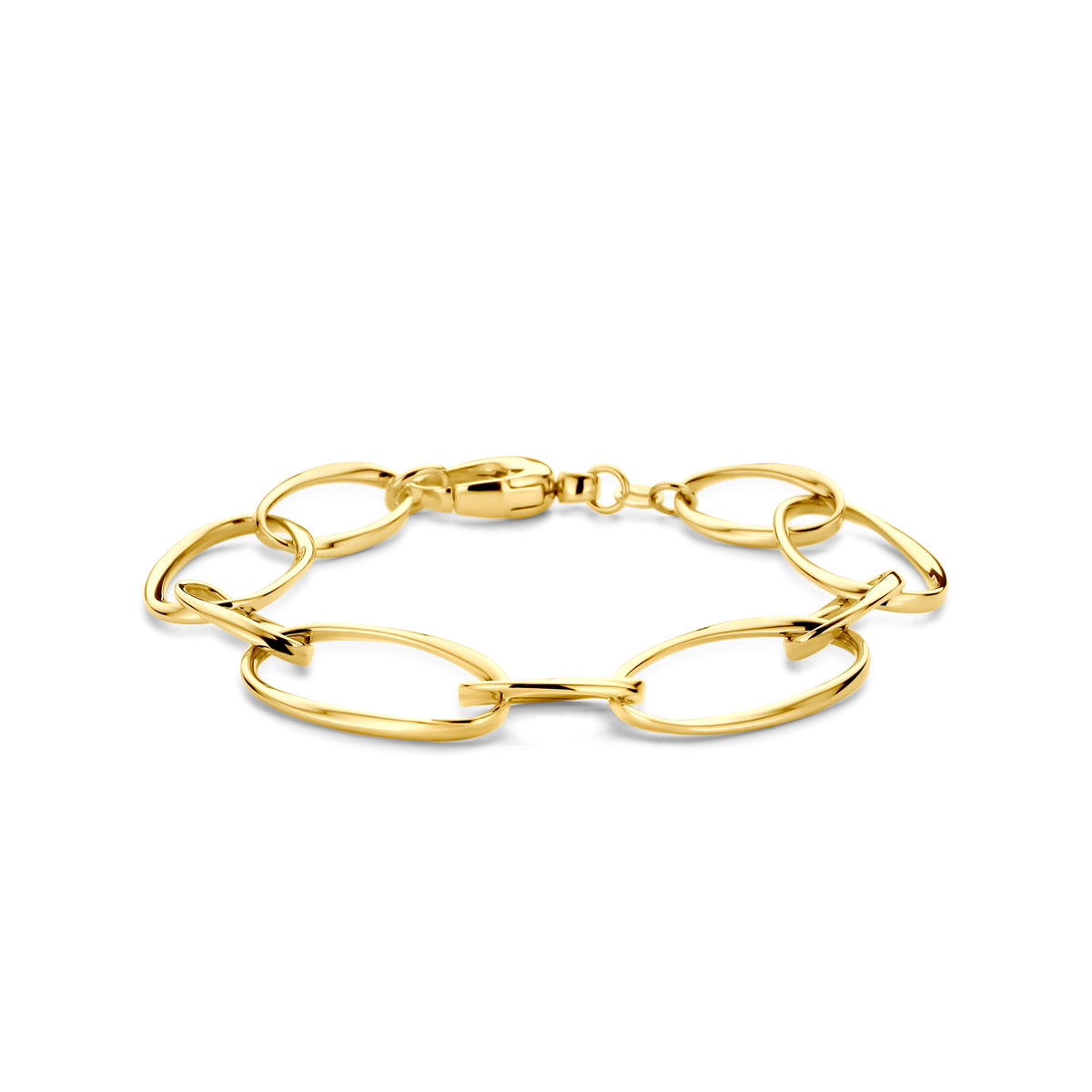 Vooraanzicht van de gouden armband met ovale schakels van 14 karaat.