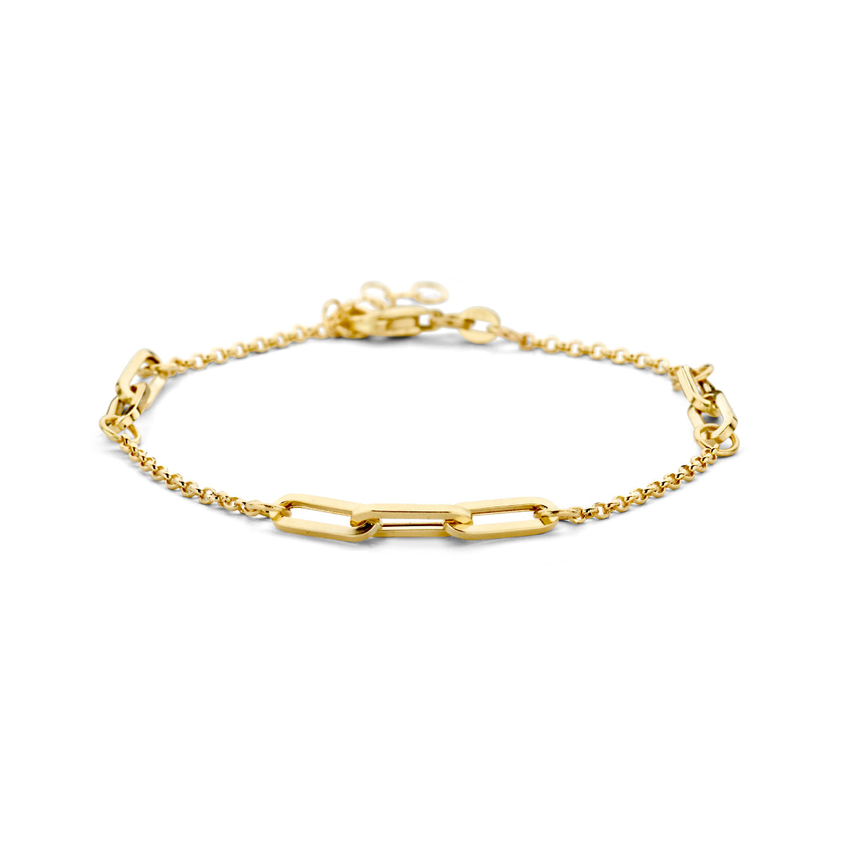 Vooraanzicht van de 14 karaat gouden armband met paperclip jasseron schakel, 17 cm lang met verlengstuk tot 20 cm.