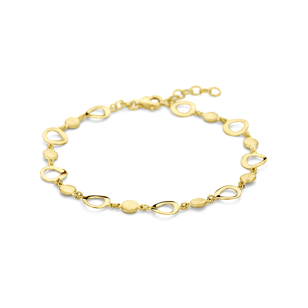 Vooraanzicht van de 14 karaat gouden armband poli/mat ronde details, 17 cm lang met een verlengstukje van 2 cm.