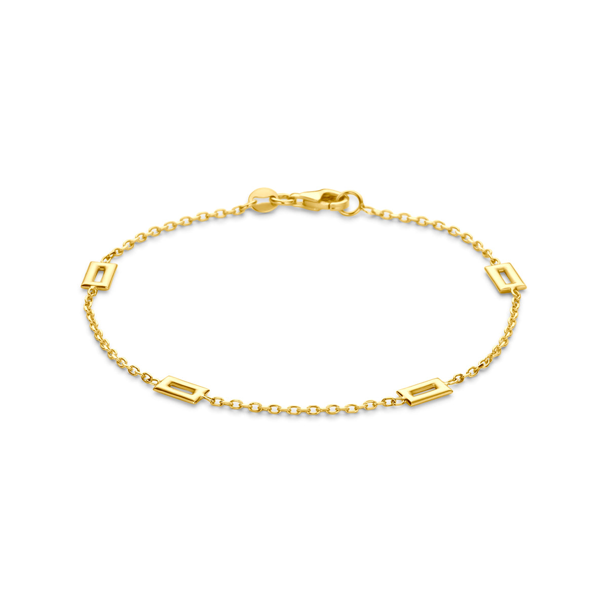 Vooraanzicht van de 14 karaat gouden armband rechthoekige details, 19 cm lang.