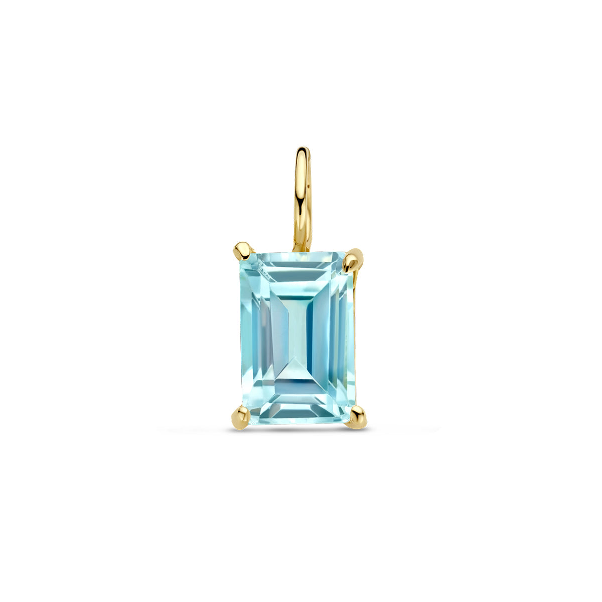 Vooraanzicht van de gouden hanger met blauwe topaas van 14 karaat.
