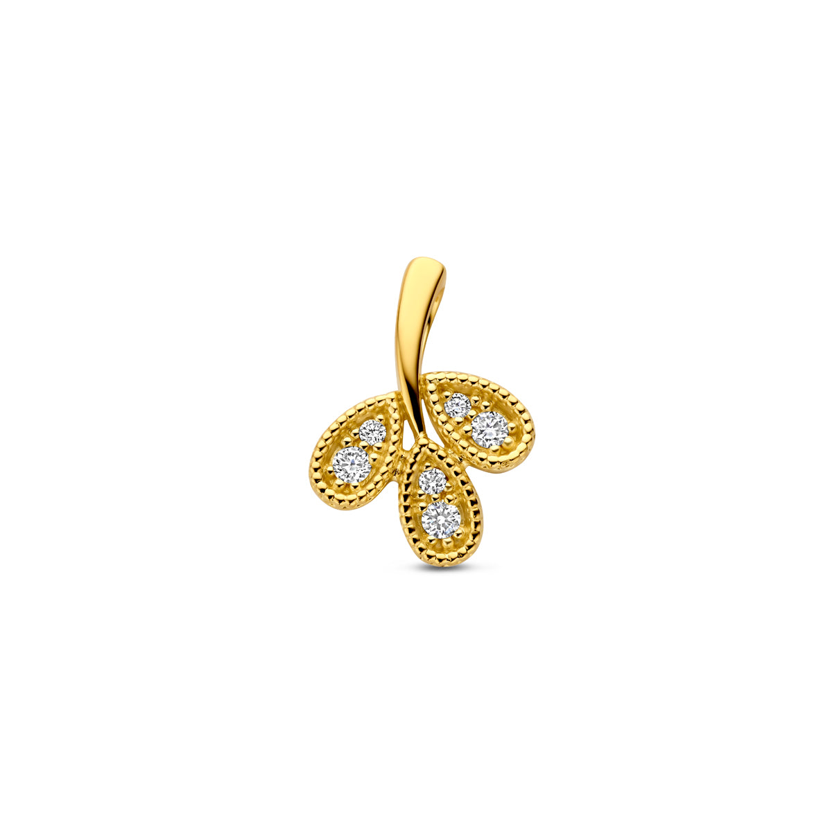 Vooraanzicht van de gouden blaadjes hanger met diamant van 14 karaat.