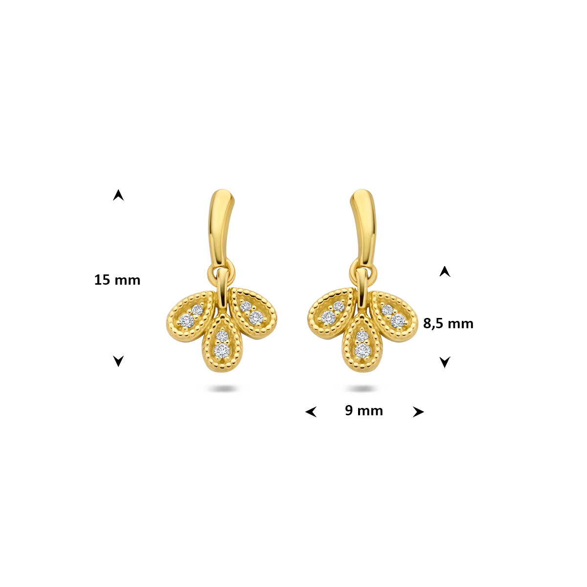 Afmetingen van de gouden blaadjes oorhangers met diamant van 14 karaat: 15 mm hoog en 9 mm breed.