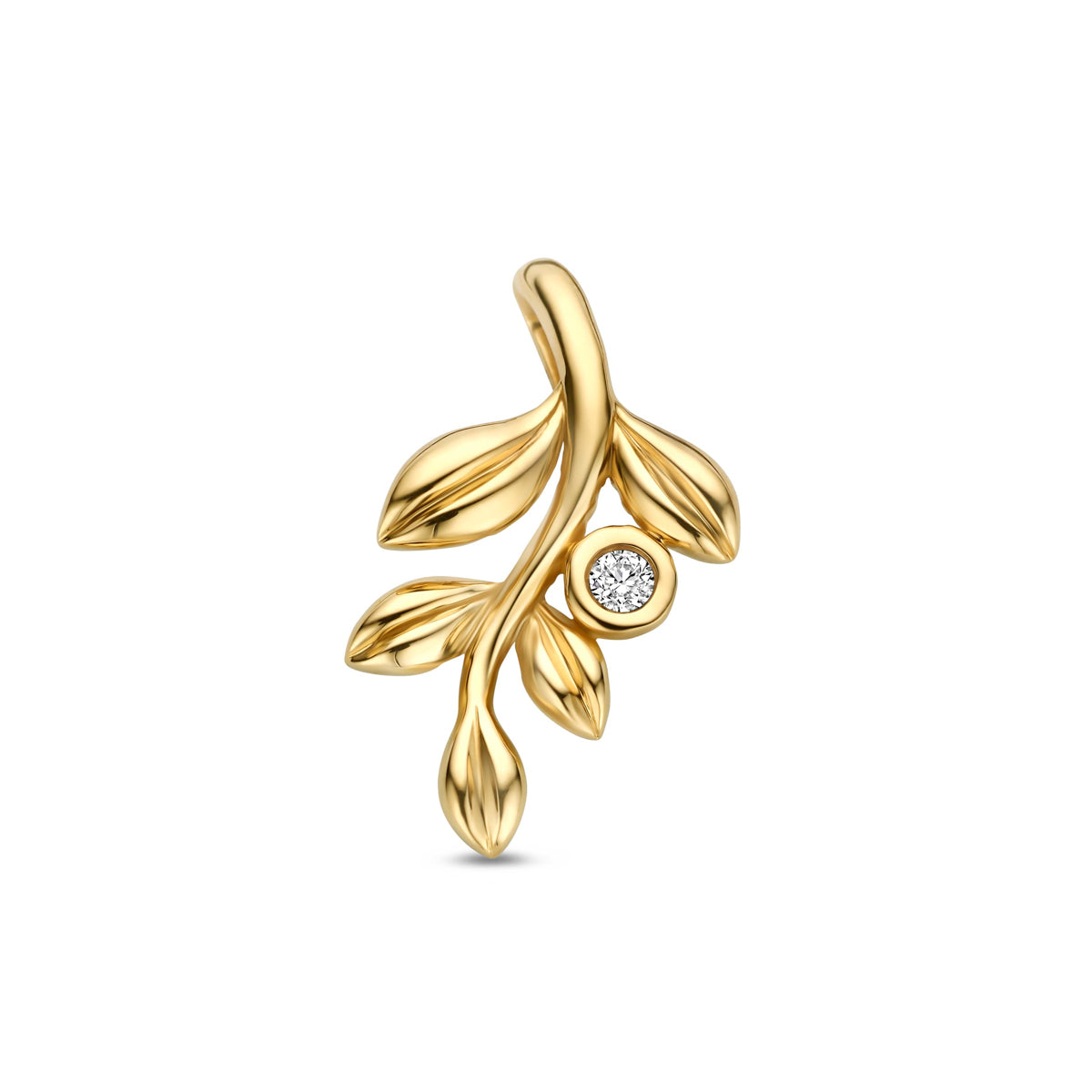 Vooraanzicht van de gouden bladeren hanger met lab grown diamant van 14 karaat.