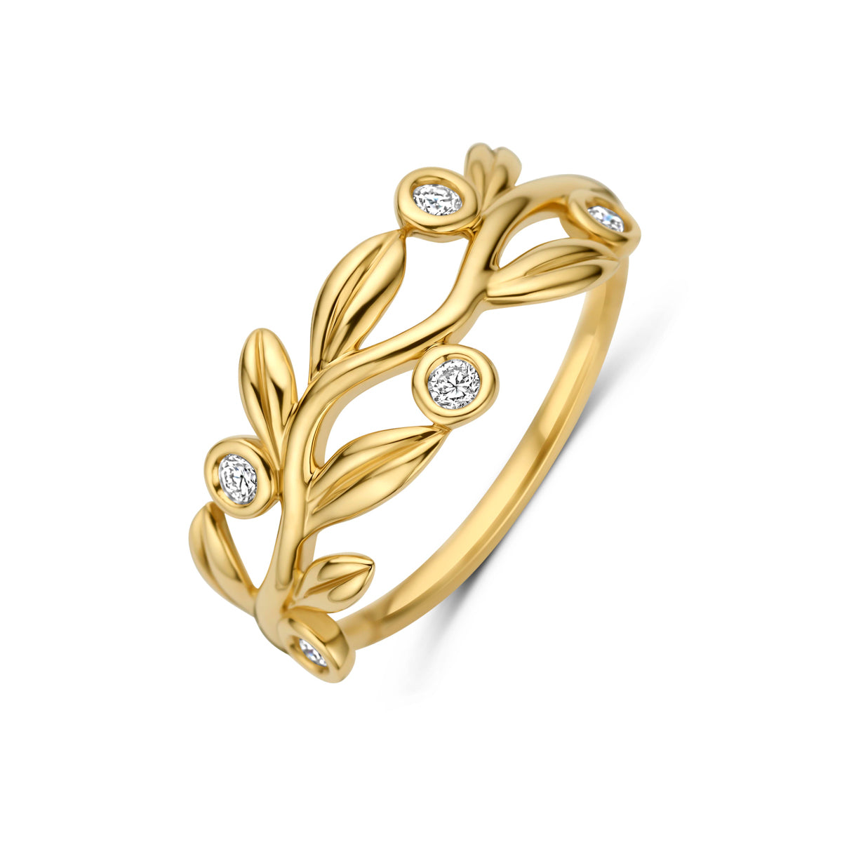 Schuin bovenaanzicht van de gouden bladeren ring met lab grown diamant van 14 karaat.