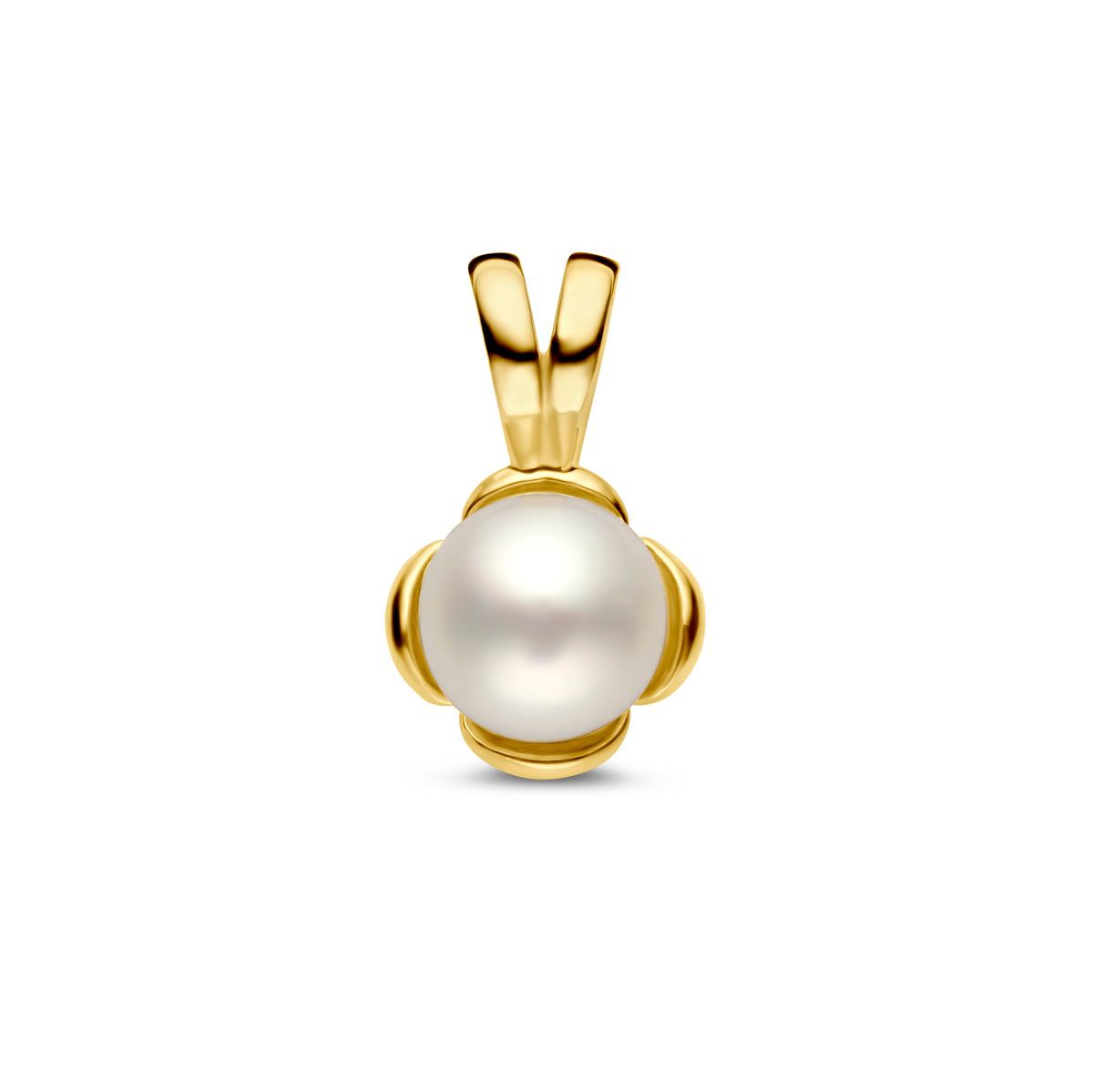 Vooraanzicht van de gouden bloem hanger met parel van 14 karaat.